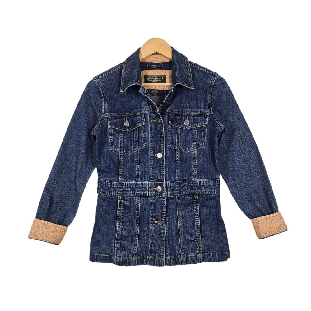 Eddie Bauer Denim Jacket XS Blue Fitted Stretch Classic Boho Ditsy Floral Cuffs